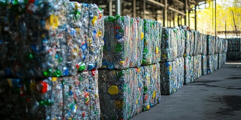 Poster - Plastic bottles compressed into large bales at a recycling facility, showcasing sustainable waste management practices in action.