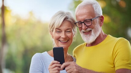 Wall Mural - A man and woman are smiling at the camera while looking at a cell phone