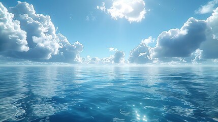 Sticker - Stunning Realistic Image of a Calm Ocean with Blue Sky and Fluffy Clouds