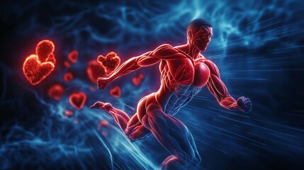 Poster - An infographic showing heart health improvement through exercise, with arteries, the heart, and muscular development in a realistic style.