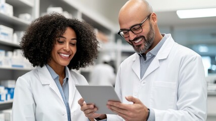 Wall Mural - Two doctors are smiling and looking at a tablet