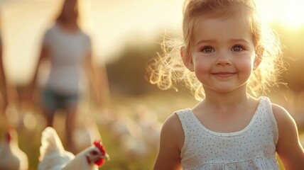 Canvas Print - A young girl is standing in a field with chickens