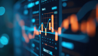 Poster - Stock Market Data with Orange and Blue Lines: Close-up of a stock market display with fluctuating orange and blue lines, representing financial analysis and trends.