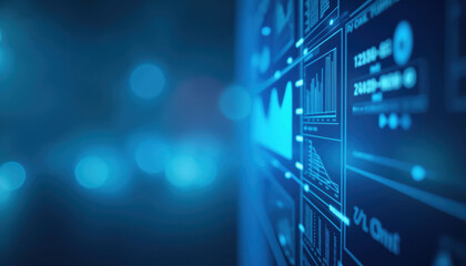Poster - Blue Financial Dashboard with Graphs: Close-up of a digital financial dashboard with blue graphs and charts, emphasizing data analysis and market performance.
