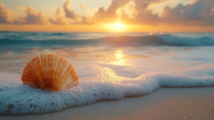 Sticker - Seashell on a sandy beach with ocean waves and a bright sunset.