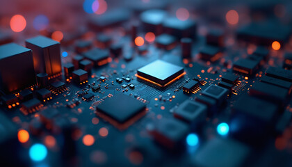 Poster - technology abstract background featuring a close-up of a circuit board with a central microchip. the