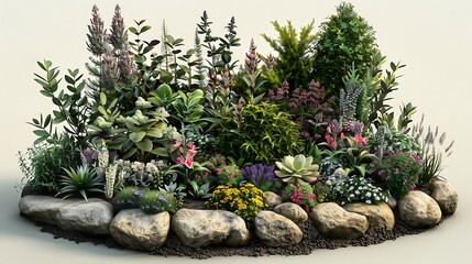 Poster - A vibrant garden arrangement featuring a variety of plants and flowers surrounded by stones.