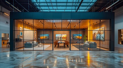 Poster - modern open office space showcasing artwork and natural light in urban environment