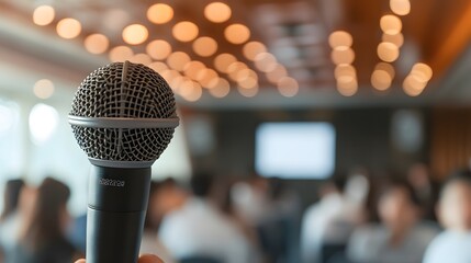 Poster - Close-up of a person giving a presentation with a microphone  AI generated illustration