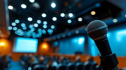 Poster - Close-up of a person giving a presentation with a microphone  AI generated illustration