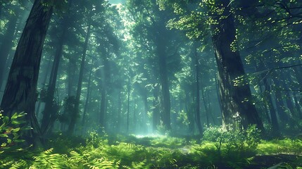 Canvas Print - A serene forest scene with sunlight filtering through tall trees, creating a tranquil atmosphere.