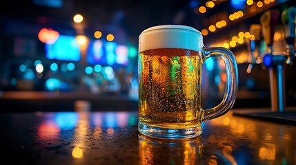 Wall Mural - A mug of beer with foam on the counter of a bar against the backdrop of a neon-lit nightclub.