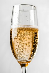 Wall Mural - Closeup shot of bubbles in a glass of champagne with a white background AI generated illustration