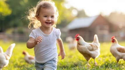 Canvas Print - A young girl is running through a field with chickens