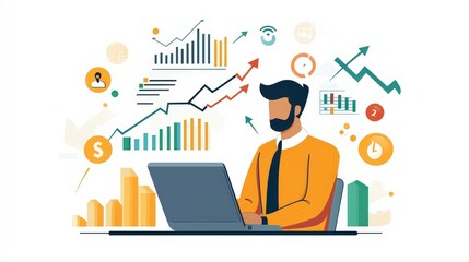 Poster - Crisis Management - Businessman Analyzing Falling Graphs on Laptop in Flat Design Illustration