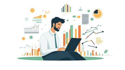 Poster - Financial Crisis Concept - Businessman Analyzing Falling Graphs and Arrows on Laptop in Flat Design Illustration