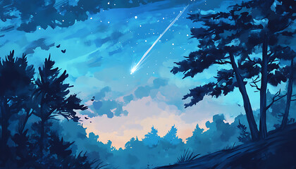 A shooting star streaks across the night sky, visible through the silhouette of trees in a lush forest.