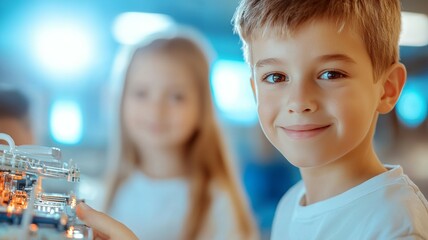 Wall Mural - A boy is holding a robot toy and smiling