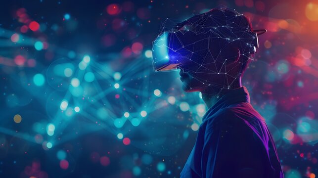 Conceptual piece featuring a data scientist immersed in virtual reality deeply engaged in exploring a big data landscape  AI generated illustration