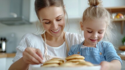 A woman and a little girl are making pancakes together