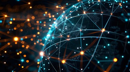 Poster - Connecting nodes lined up into a spherical shape reflecting a global network of information  AI generated illustration