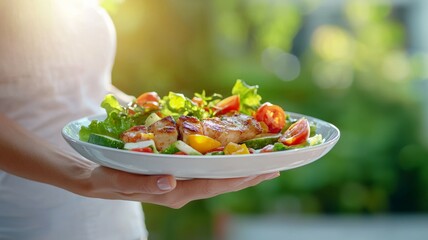 Wall Mural - A woman is holding a plate of food that includes a salad and meat