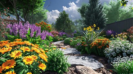 Sticker - A vibrant garden scene filled with colorful flowers, lush greenery, and a serene pathway.