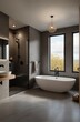 © HEKOLA - A bathroom with a large bathtub and a shower. The bathroom is modern and clean. The shower has a glass door and a mirror above it. The bathtub is white and has a black faucet