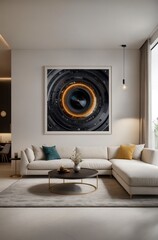 Wall Mural - A large framed picture of a camera lens hangs on a white wall. The room is decorated with a white couch, a coffee table, and a few chairs. The space has a modern and minimalist feel