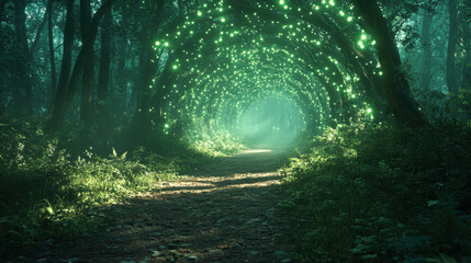 Wall Mural - A tunnel in a forest with green leaves and grass