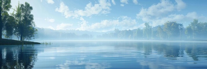 Sticker - Peaceful Morning Lake with Fog and Trees - 3D Illustration