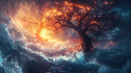 Wall Mural - Fire and Water: A Mystical Tree in the Night Sky