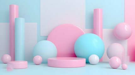 Poster - Cute 3D geometric abstract background in pastel tones AI generated illustration
