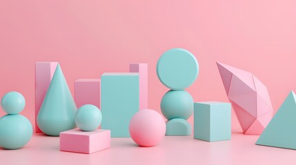 Poster - Cute 3D geometric shapes in soft pastel colors  AI generated illustration