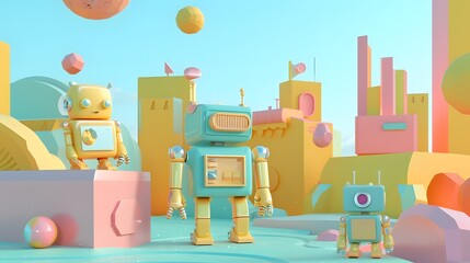 Poster - Cute pastel-colored 3D robots playing in an abstract geometric landscape  AI generated illustration
