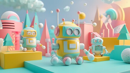 Wall Mural - Cute pastel-colored 3D robots playing in an abstract geometric landscape AI generated illustration