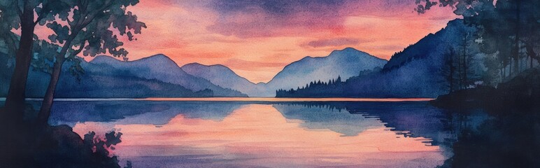 Wall Mural - Watercolor illustration of a lake at night capturing the essence of dusk