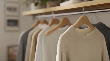 Beige Knitted Sweater Hanging On Wooden Hanger In Minimalist Closet.