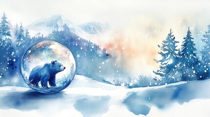 Wall Mural - Watercolor illustration of a Christmas card featuring a bear and a glass ball depicting a winter landscape Festive and joyful design for the holiday season