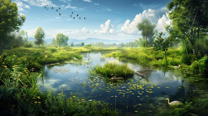 Poster - A serene landscape featuring a tranquil pond surrounded by lush greenery and distant mountains.