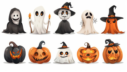 Wall Mural - Cute Spooky Set of Halloween Monsters and Characters in Cartoon Style - Digital Art on White Background