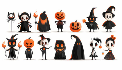 Wall Mural - Cute Spooky Set of Halloween Monsters and Characters in Cartoon Style - Digital Art on White Background