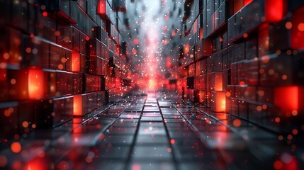 Poster - Digital Corridor Filled With Glowing Red Blocks and Particles in a Futuristic Setting