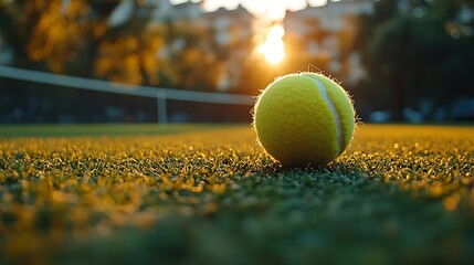 Wall Mural - Tennis ball on green grass court with a sunset in the background.