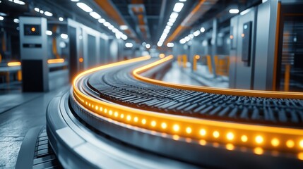 Poster - ai-driven conveyor belts synchronizing perfectly with automated machinery, industrial setting