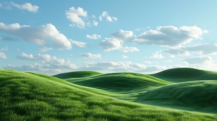 Wall Mural - A serene landscape featuring rolling green hills under a bright blue sky with clouds.