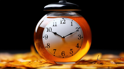 Fish bowl with a clock surrounded by autumn leaves