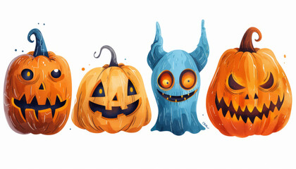 Wall Mural - Cute Spooky Set of Halloween Monsters and Characters in Cartoon Style - Digital Art on White Background