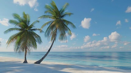 Poster - A serene beach scene with palm trees and a clear blue sky over calm waters.