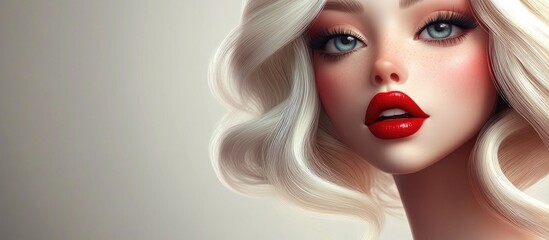 Wall Mural - Glamorous 3D Cartoon Beauty Model with Flowing Hair and Red Lips Stunning Blonde Character with Bright Makeup Features Close Up of a Perfectly Styled Cartoon Face